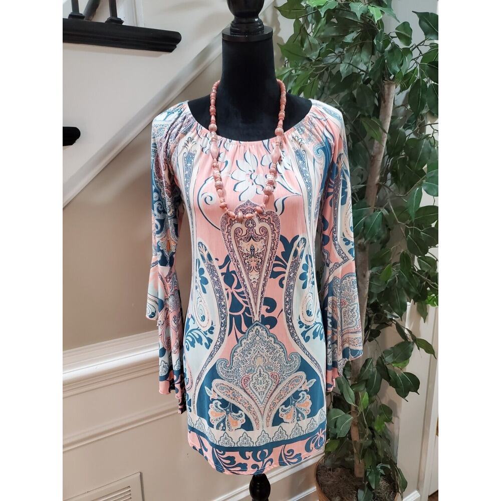 Discount Divas Women's Multi Paisley Pleated Boat Neck Long Sleeve Top Blouse XL